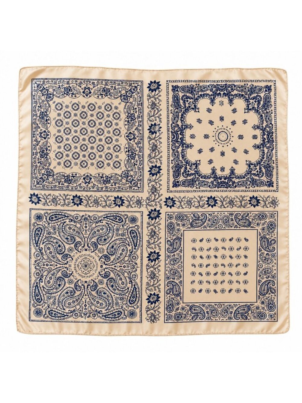 Beige & Navy Blue  Satin Scarf 35x35 Inches Versatile Square Head Neck Wrap